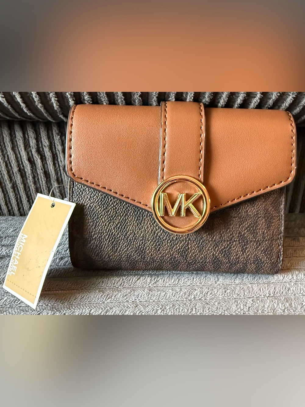 Michael Kors New Tan and Brown Logo-Accented Signature Wallet Carmen Bifold Flap